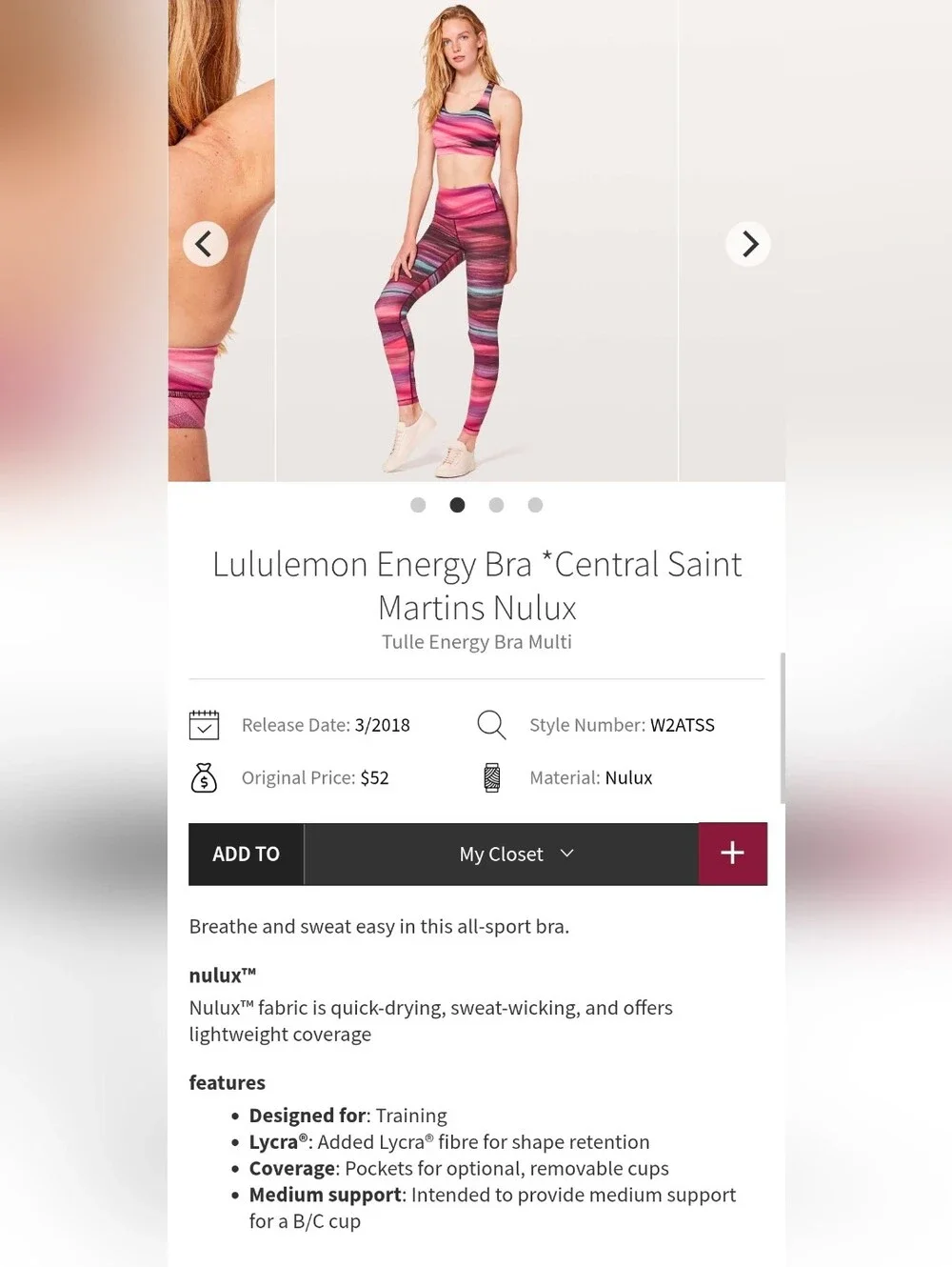 Lululemon Energy Bra *Central Saint Martins Nulux, Size 6, B/C Cups